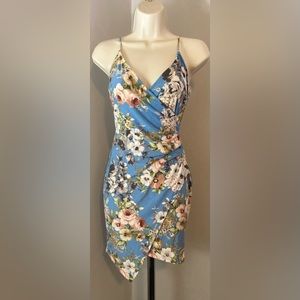 AKIRA Blue Pink White Floral Surplice Faux Wrap Dress S